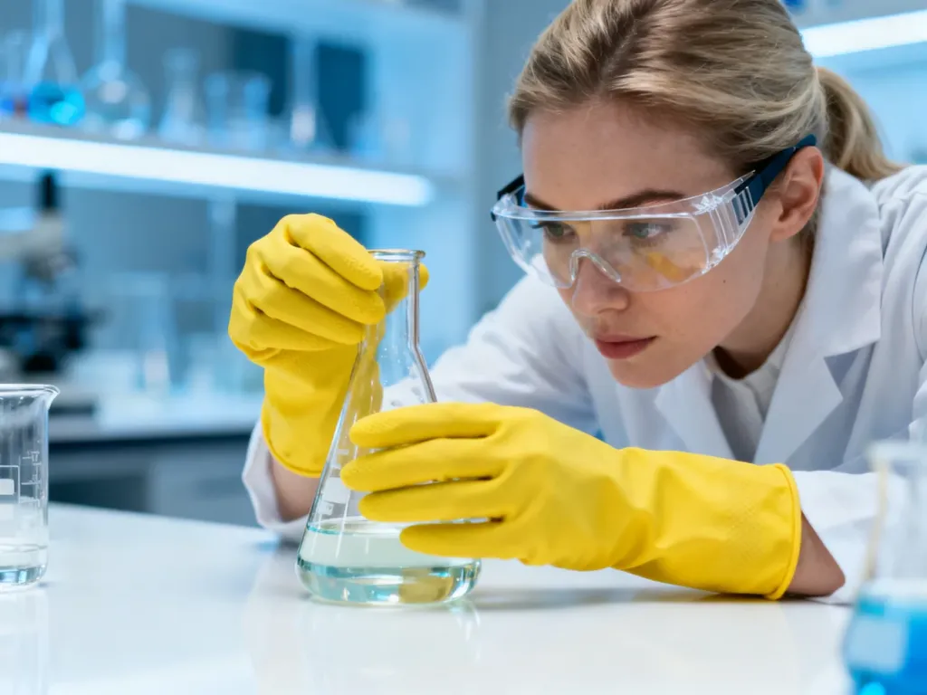 Osoba w rękawicach ochronnych i goglach ostrożnie przygotowuje roztwór chemiczny w nowoczesnym laboratorium.