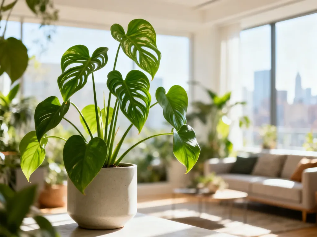Philodendron spiritus sancti z długimi, sercowatymi liśćmi w minimalistycznej doniczce na tle słonecznego salonu.