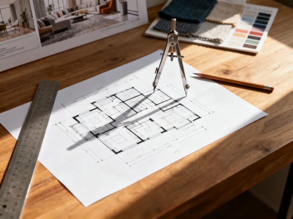 Rzut architektoniczny mieszkania z przyborami kreślarskimi na drewnianym biurku, ilustrujący proces planowania wnętrz.