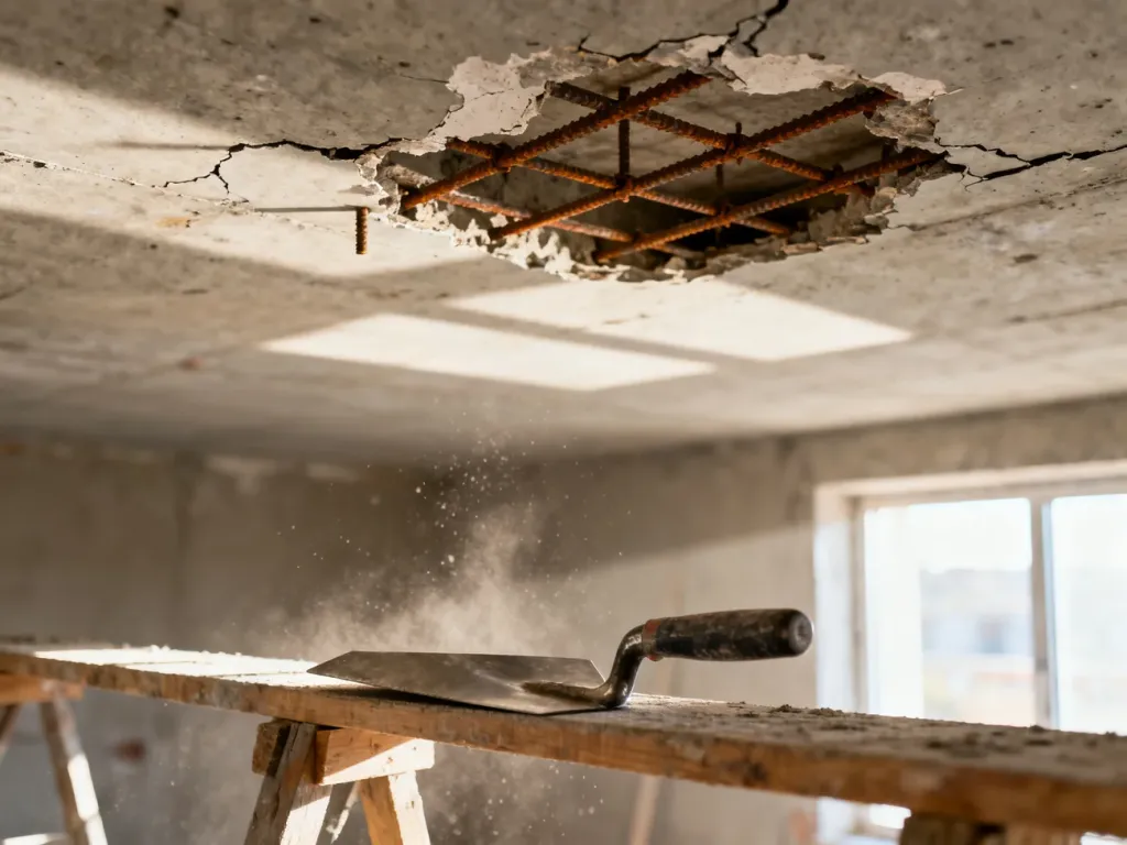 Uszkodzony betonowy strop z odsłoniętym zbrojeniem oraz kielnia budowlana przygotowana do prac naprawczych.