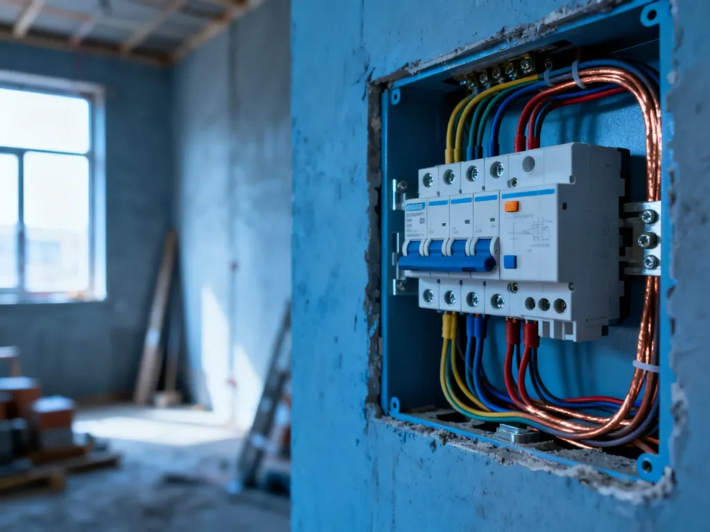 Nowoczesna rozdzielnica elektryczna z uporządkowanym okablowaniem i bezpiecznikami w trakcie prac remontowych.