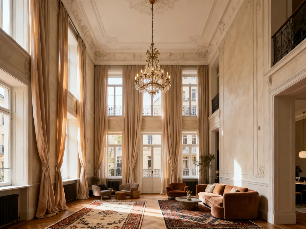 Wysokie wnętrze kamienicy z dużymi oknami, sztukaterią i eleganckim oświetleniem