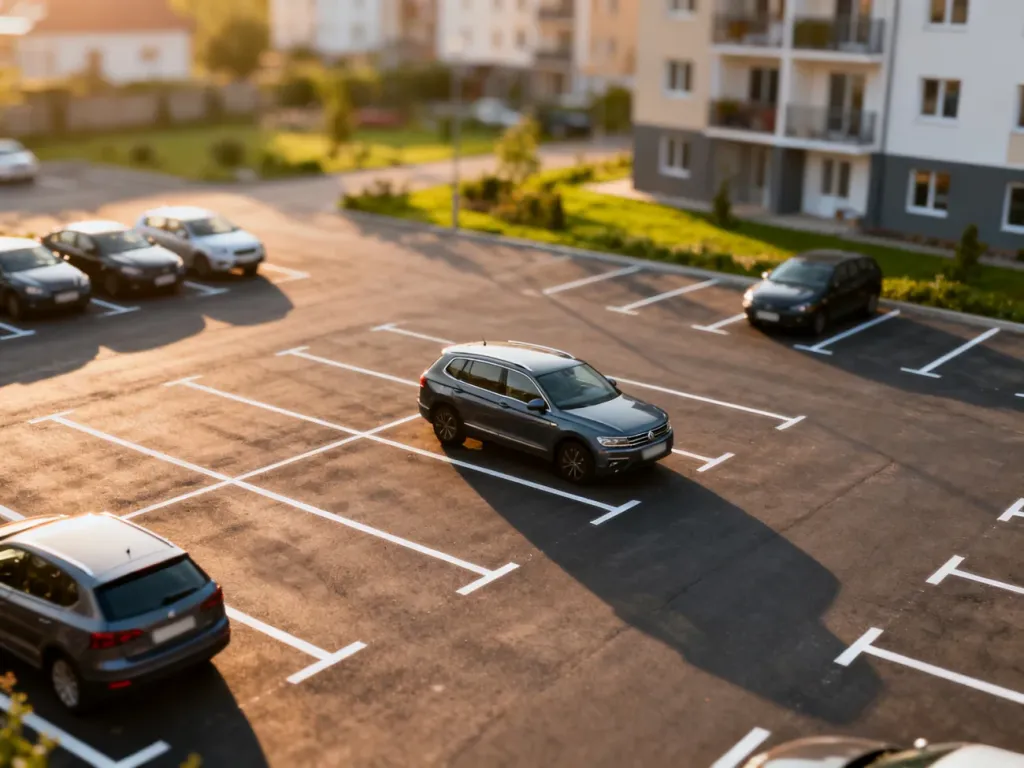 Widok z góry na nowoczesny parking przy osiedlu mieszkaniowym z wyraźnie wyznaczonymi miejscami postojowymi.
