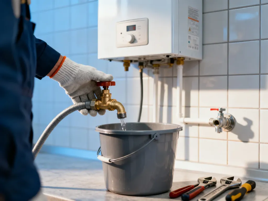 Dłoń w rękawicy otwiera zawór spustowy bojlera elektrycznego, z którego woda spływa wężem do podstawionego wiadra.