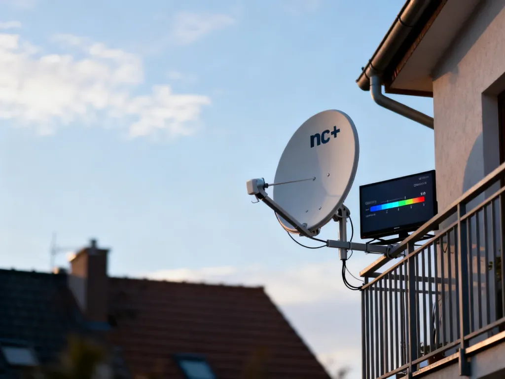 Antena satelitarna zamontowana na elewacji oraz telewizor z widocznym paskiem jakości sygnału podczas ustawiania odbioru.