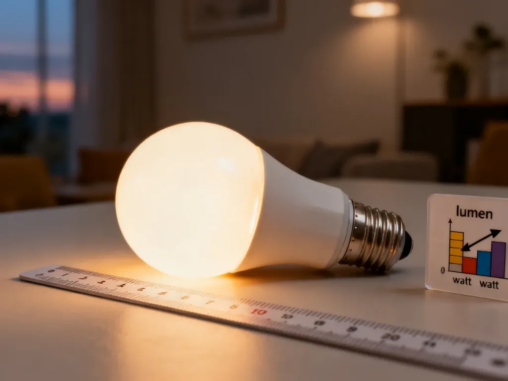 Świecąca żarówka LED obok tabeli porównawczej mocy i strumienia świetlnego, ilustrująca przelicznik lumenów na waty.