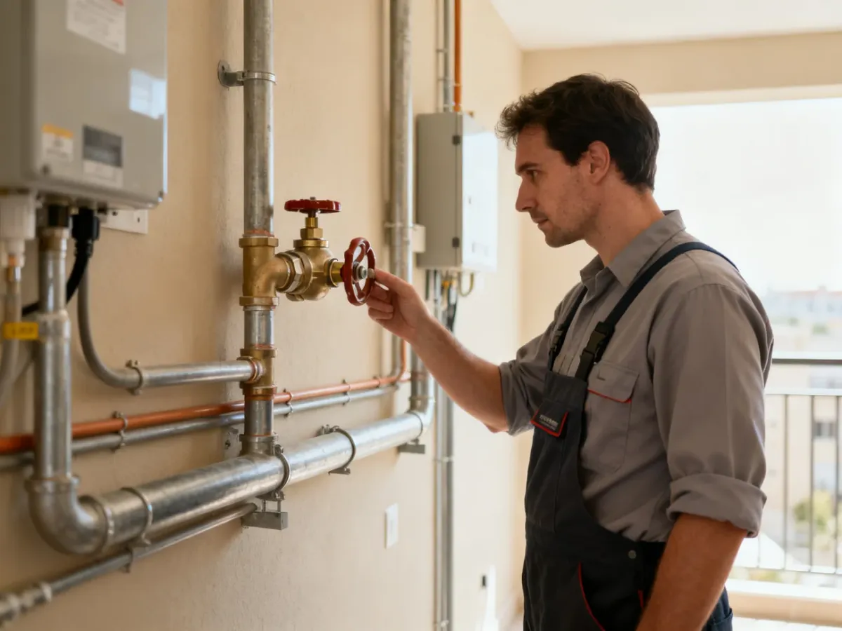 Instalator sprawdzający przewody gazowe i zawór odcinający w mieszkaniu