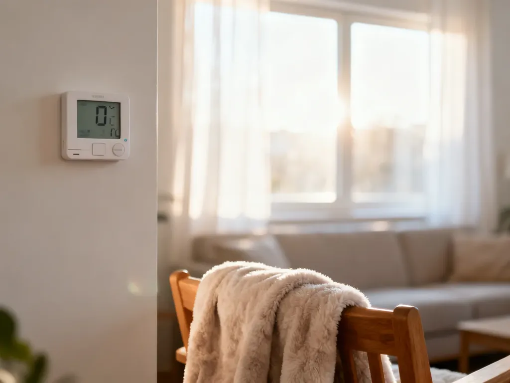 Cyfrowy termostat na ścianie w przytulnym salonie, wskazujący optymalną temperaturę w mieszkaniu.