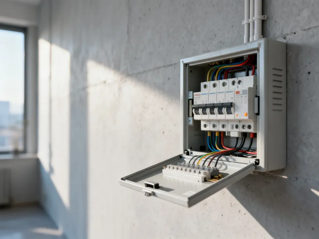 Nowoczesna rozdzielnica elektryczna z uporządkowanymi bezpiecznikami zamontowana na surowej, betonowej ścianie.